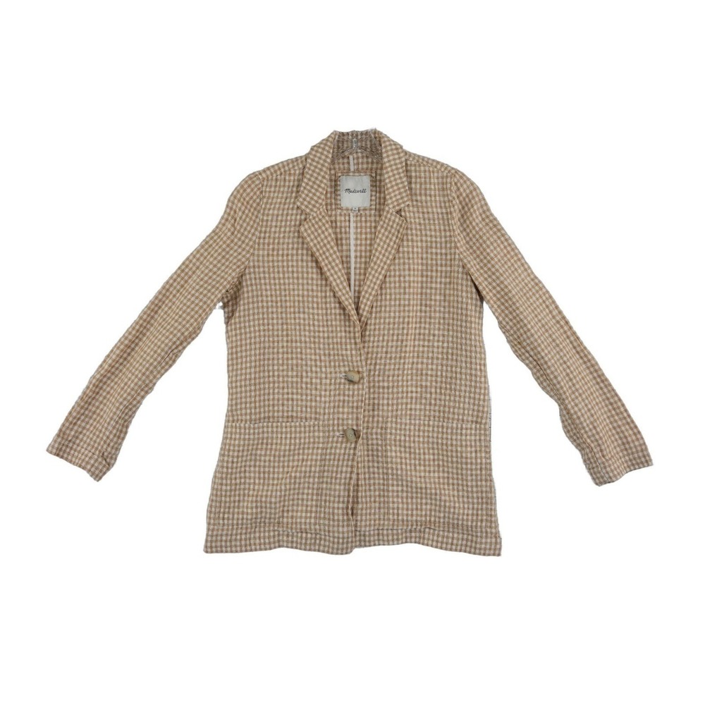 Madewell 100% Linen Blazer Women's Size Medium Tan Gingham Jacket Unstructured